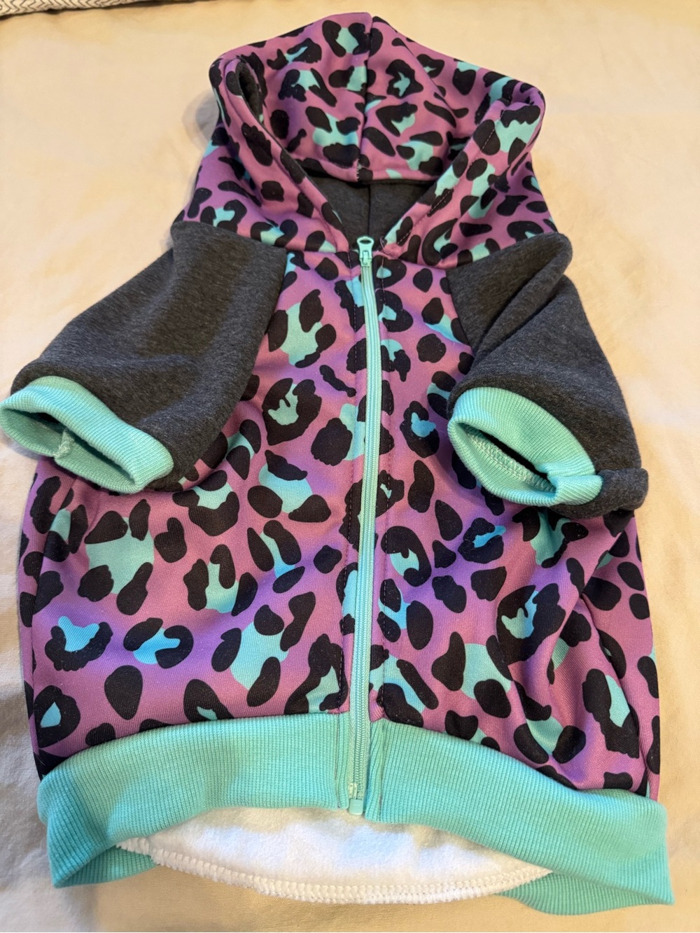 Purple Leopard Print Zip-Up Dog Hoodie with Teal Trim